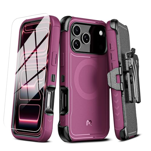 Image of M MYBAT PRO for iPhone 17 Pro Case with Belt Clip Holster,[Compatible with Magsafe] w /Screen Protector,Anti-Drop,Shockproof,w 360Rotating Kickstand,Heavy Duty Protection (Plum)