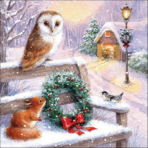 Set of 2 Individual Decoupage Paper Party Napkin Christmas Animals Gather Watercolor Decor Luncheon Napkins for a Birthday Holiday, Wedding, Cocktail Party