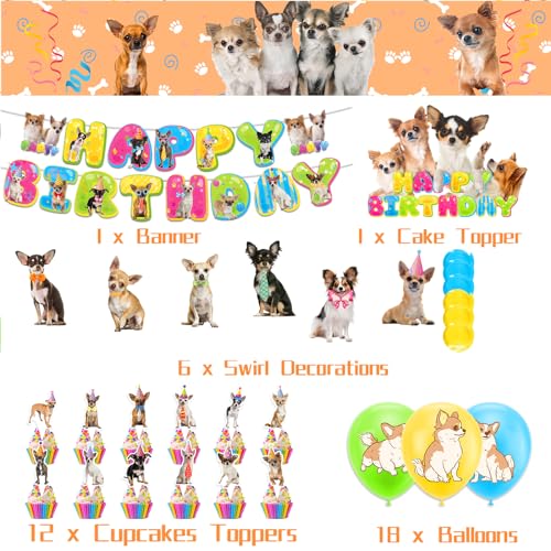 POMNUG Chihuahua Hund Geburtstag Dekorationen Nette Chihuahua Party Dekorationen beinhaltet Chihuahua Happy Birthday Banner, hängende Wirbel, Kuchen Topper, Cupcake Topper, Ballons, POMNUG-AB02