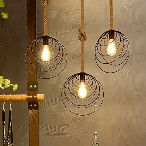 Suspensions E27 en fer forge et corde de chanvre style industriel pour loft - 6