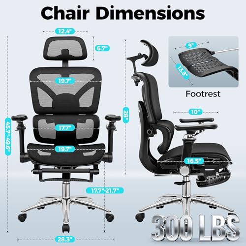 Image of Ergonomic Mesh Office Chair with Footrest, Big and Tall Home Desk Chair with 5D Flip-Up Arms, Adjustable Lumbar Support, Gaming & Executive Computer Chairs, Black