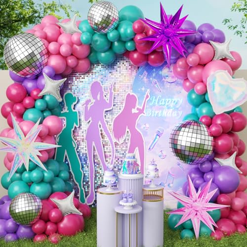 Image of JOGAMS 166Pcs K-Pop Balloon Arch Kit, Hot Pink Purple Teal Blue Balloons with Disco Star Iridescent Heart Foil Balloons for K-Pop Music Fan Birthday Prom Music Stage Concert-Style Backdrop Party