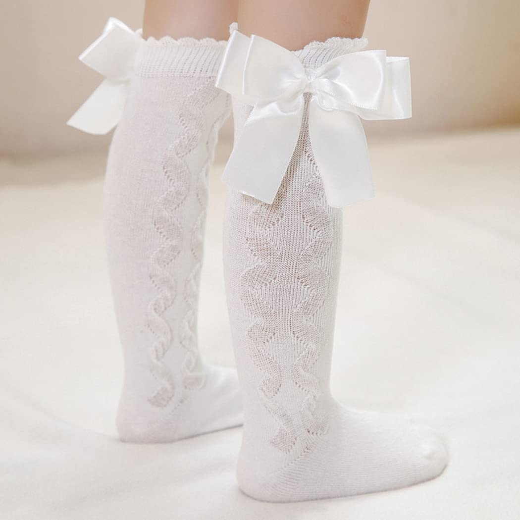TIBE PINCESS Baby Girls Knee High Tube Socks for Toddler Bowknot Wave Ribbed Socks Uniform Leggings 3 Colors Size 6-12 Months