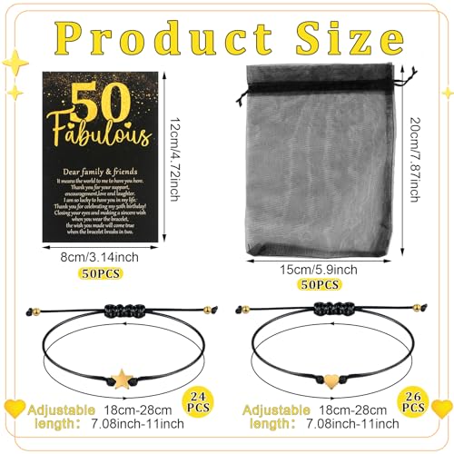 30/60 Set 50th Birthday Wish Bracelet Bulk Birthday Party Gift Favor for Guest Adjustable Heart Star Charm Friendship Bracelet with Make A Wish Card Organza Bag for Anniversary Souvenir2