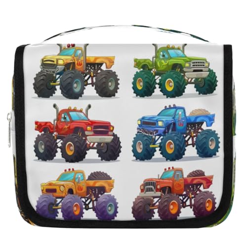Neceser de viaje con diseño de Monster Trucks de dibujos animados para mujeres, hombres, niñas y niños, bolsa de maquillaje, bolsa de aseo colgante, organizador de artículos de tocador, color, 4.5 L,
