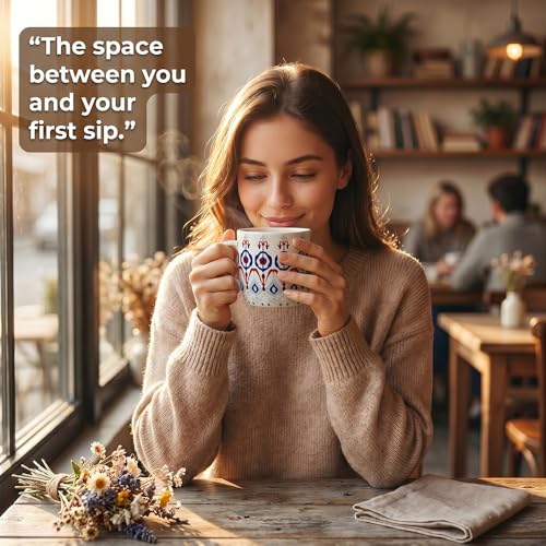 Image of UPC Coffee Mug Set of 6 | White Ikat Boho Print | Blue & Red Ethnic Medallion Pattern | Bone China Tea & Coffee Cups | Microwave Safe | Home & Kitchen