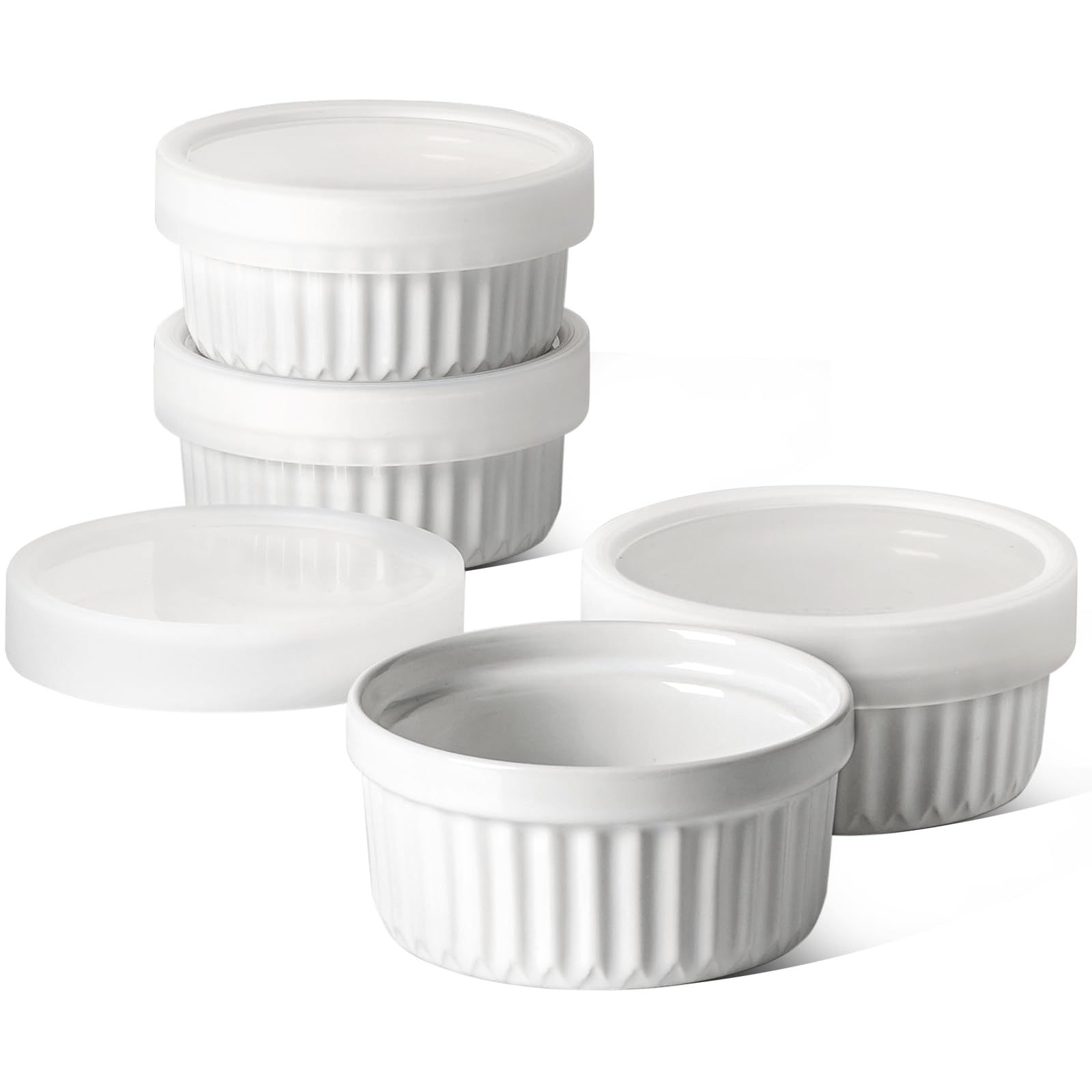 LE TAUCI 6 X 120ml Ramekines, Moldes para soufflé, Tazones de Cerámica Apilables para Air Fryer, Hornear, Pudding, Servir Dip, Custard, Ice Cream, Set de 6, Blanco