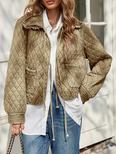 Image of Tankaneo Womens Quilted Denim Puffer Jackets Tie Front Bow Cropped Puffy Jackets Fall Cute Short Jeans Coat