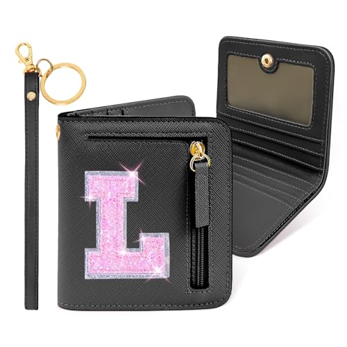 Image of COSHAYSOO Initial Wallet RFID Small Bifold Slim Letter Wallet for Women Teenager Girls Travel Daily Necessities Credit Cards Money Cash Coin Organizer, Black, Compact, L