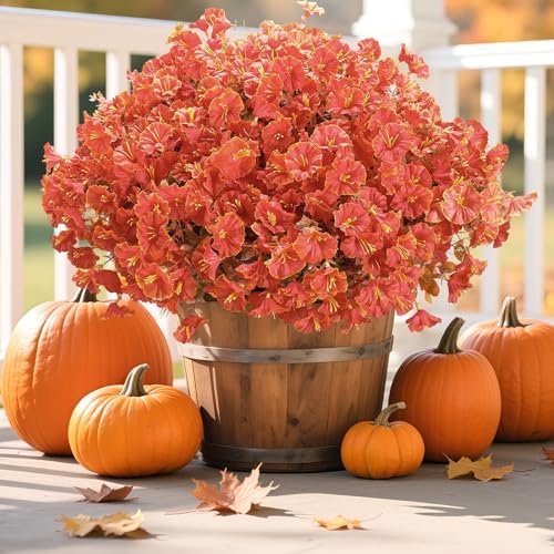10 Bundles Artificial Fall Mums with Eucalyptus, Faux Morning Glory UV Resistant Outdoor Decor - Autumn Orange Flowers for Front Door Porch Planter, Patio, Thanksgiving Christmas(Orange)