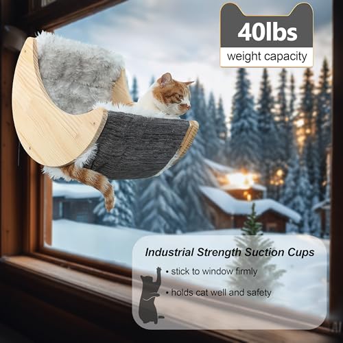 Image of Cat Window Perch, Plywood Moon Bed with 4 Heavy-Duty Suction Cups | Ultra Plush Faux Wool Fur,Window-Mounted, Drill-Free, Up to 40 lb Support, For Small to Medium Cats, Machine-Washable Pad