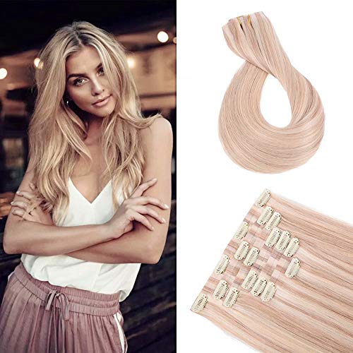 16inch Blonde Highlighted Seamless Clip In Human Hair Extensions, Invisi-PU Skin Weft Real Remy Hair Extensions Clip On Human Hair, 7pcs, 110g