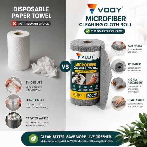 Image of VOOY Microfiber Cleaning Cloth Roll | 20 Reusable Tear-Off Sheets (25 x 25 cm) | Ultra Absorbent, Lint-Free, Scratch-Free Multipurpose Cleaning Cloth | Kitchen, Glass, Car, Mirror&Home Cleaning | Grey
