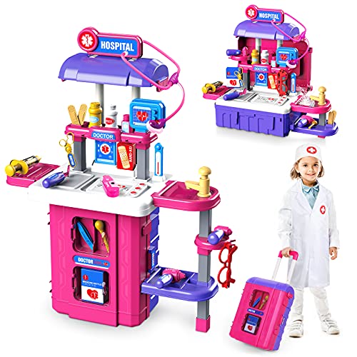 iBaseToy Doctor Kit for Kids - 40 Pcs Kids Doctor Playset Including Doctor Coat & Electronic Stethoscope, 3-in-1 Toddler Doctor Playset for Boys Girls Age 3+ (Pink)