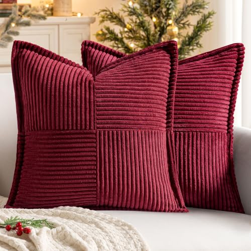 Image of MIULEE Christmas Decorative Throw Pillow Covers for Couch Bed Livingroom 20x20 Inch Set of 2 Burgundy Boho Accent Throw Pllows Broadside Striped Patchwork Soft Corduroy Pillowcases