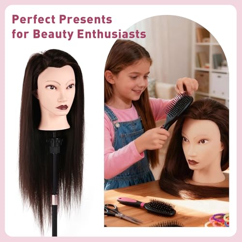 Image of Mannequin Head with 90% Human Real Long Hair, Cenoz 26 inch Hairdresser Cosmetology Training Head with Stand and Tool, Manikin Training Practice Head, Doll Head for Hair Styling Braiding DIY（Dark Brown）