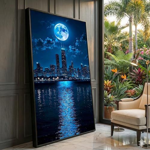 Tableau clair de lune ville nuit paysage urbain moderne toile 30x50