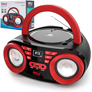 Pyle Portable CD Player Bluetooth Boombox Speaker - w/FM Stereo Radio & High Quality Audio Sound, Supports CD-R-RW/MP3/WMA, USB, AUX, Headphone, LCD Display, AC/Battery Powered, Red Black - PHCD22