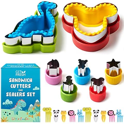 GET FRESH Sandwich Cutters and Sealers for Children - 17-pcs Stainless Steel Sandwich Sealers and Veggie Cutters for Kids - Dino Mouse Metal Bread Decrusters 5 Vegetable Shapes 10 Animal Food Picks Cover