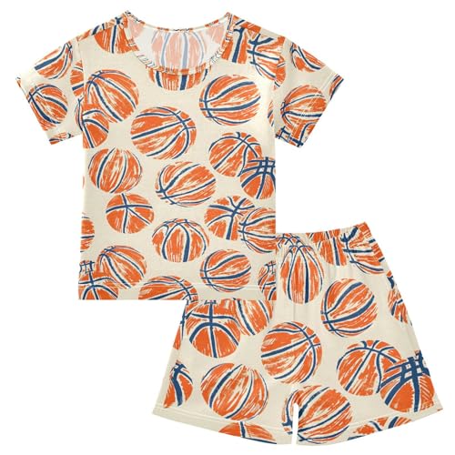 ALAZA Basketball Orange Pajamas Set Short Sleeve Cotton Sleepwear Summer Pjs 2 Piece 5-14Y
