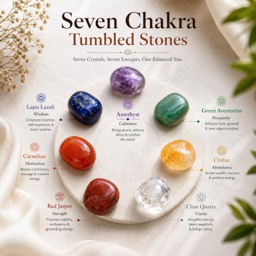Image of Crocon 7 Chakra Tree of Life Crystal with Seven Chakra Tumbles Wooden Tray