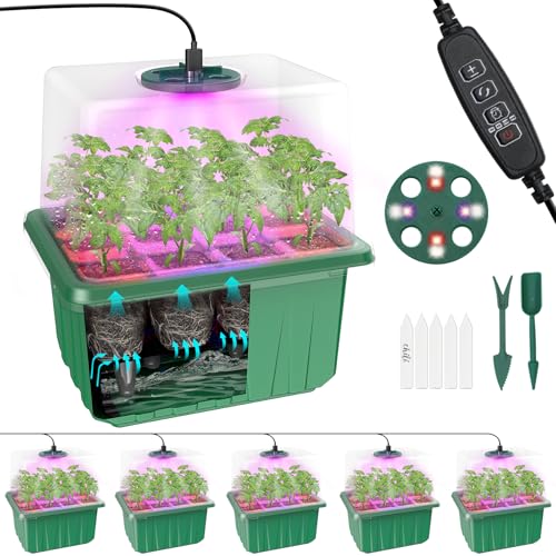 MQUPIN Seed Starter Tray with Grow Light,6 Pack Self Watering Seed Starter Kit with Humidity Domes,Timing Controller, Adjustable Brightness,Reusable Seedling Starter Trays Germination kit(72 Cells)