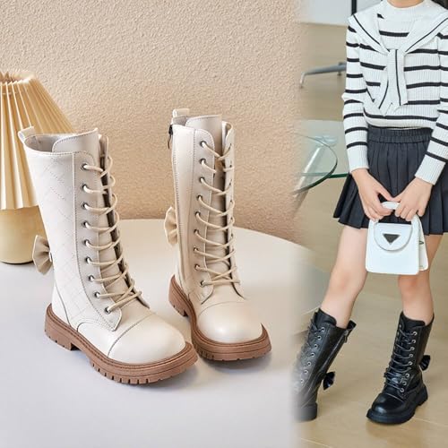 Girl's Fashion Boots Kids Girls Waterproof Lace-Up Back Zipper Knee High Leather Winter Boots Low Heel Mid Calf Combat Riding Boots Dress Princess Shoes2