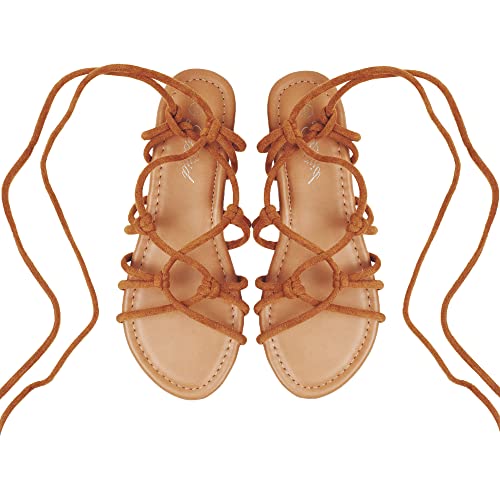 Women's Open Toe Lace Up Gladiator Flat Sandals，Slip on Roman Sandals