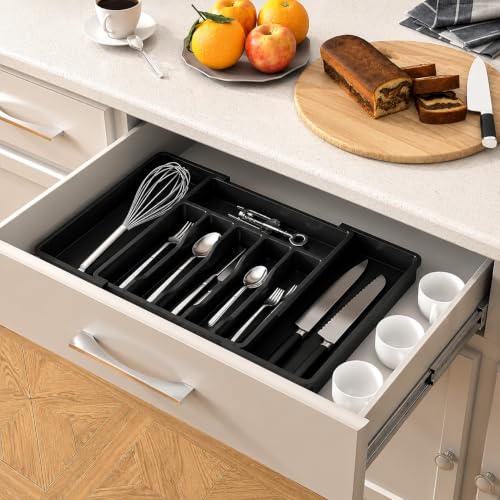 Image of Large Silverware Drawer Organizer, Expandable Utensil Tray for Kitchen, BPA Free Flatware and Cutlery Holder, Adjustable Plastic Storage for Spoons Forks Knives (Black, Pack Of 2)