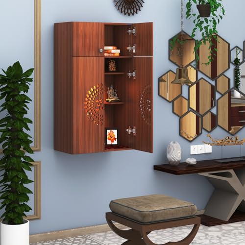 Image of Anikaa OMYA Engineered Wood Home Temple Wall Mount & Floor Standing Wooden Modern Pooja Mandir with LED Light, Om Laser Cut Design | Storage Cabinet with Hinge Doors (Walnut, DIY Installation)