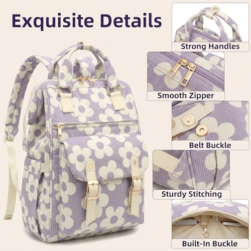 Image of Corduroy Laptop Backpack for Women 15.6 Inch Stylish College School Bookbag, Business Work & Travel Computer Backpacks (Large Floral Purple)