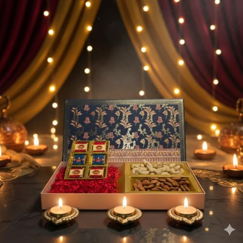 Image of Fruitri Premium Diwali Gift Hamper with Almonds, Cashews, Assorted Chocolates, Diyas & Wax Candles - Luxury Festive Gift Box with Greeting Card for Family, Friends & Corporate Gifting