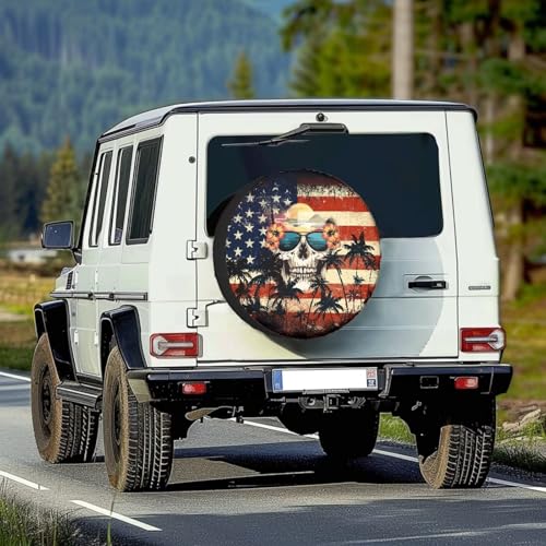Image of Pensura 14-19 inch Spare Tire Cover Hawaiian Skull American Flag Tire Covers Weatherproof Wheel Protector Universal Fit for Camper Trailer SUV Truck