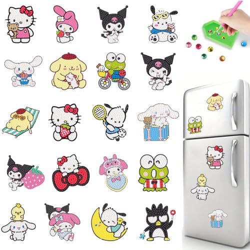 20 Pcs Cartoon Diamond Art Magnets for Kids 5D DIY Small Diamond Painting Magnets Stickers Cute Characters Home Kitchen Refrigerator Decor Holiday Party Favors Gifts (with Gift Box)
