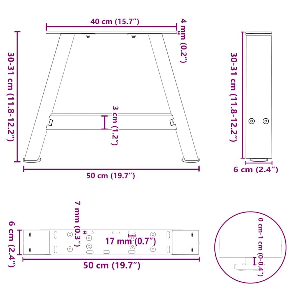 Nogi do stolika kawowego w kształcie litery A, ze stali malowanej proszkowo, antracytowe, 50 x (30-31) cm, 2 sztuki z regulowanymi nóżkami poziomującymi, do montażu stolika kawowego, śruba