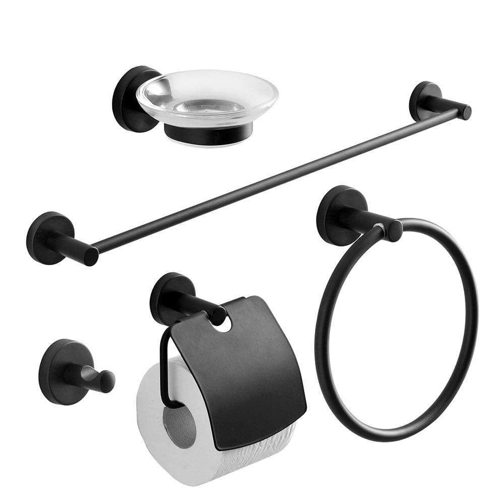 Kiamami Valentina - Conjunto de 5 Accesorios de baño en Negro Mate para Pared | Necesario