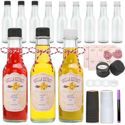 5 oz Hot Sauce Bottles, Woozy Bottles, Glass Sauce Bottles with White Lid, Leak Proof Screw Lid, For Oil, Sauces, Vodka, Ketchup, Tabasco, Honey, Great for the Kitchen, Gift Giving, Set of 12 Cover