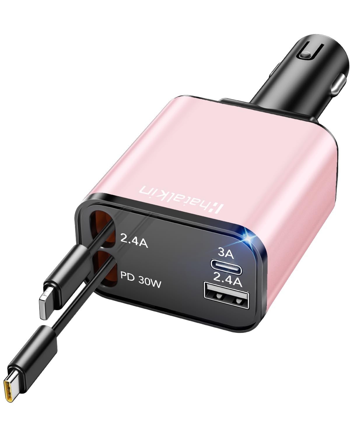 HATALKIN Retractable Car Charger Adapter for iPhone 17 4 in 1 Fast Charging Car Phone Charger 69W USB