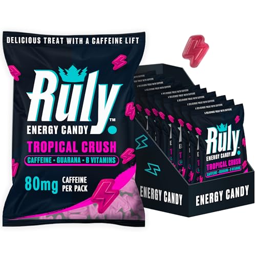 Ruly Energy Gummies (12 x 42g Packs) Candy with Caffeine, Guarana, Vitamin B12 & B6 – Running Sweets & Pre Workout Gummies – Coffee Alternative Energy Booster with No Crash – Tropical Crush Flavour