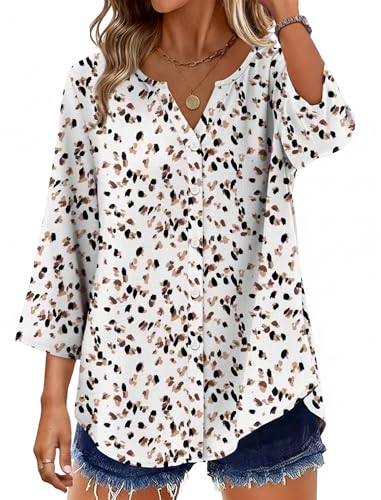Image of OFEEFAN Button Down Shirts for Women 3 /4 Length Sleeve Tops V Neck Blouses Business Casual Outfits Loose Fit