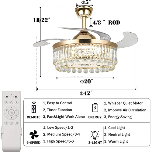Fandian 42” Modern Ceiling Fan With Lights Remote, Smart Bluetooth Fandelier Crystal Chandelier Fan With Speaker, Rgb Dimmable Lighting, Reverse 6-Speeds Fan For Bedroom #TOP2