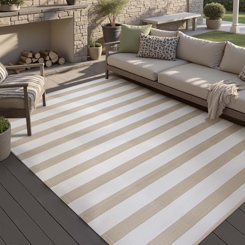 PureCozy 5x8 Outdoor Rug Beige Striped
