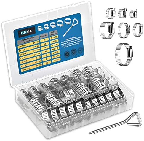 Flixall Hose Clamps Stainless Steel- 60pcs Metal Clamps Assortment- Screw Driver- Durable Hose Clamp Kit with Adjustable Sizes- Automotive, Plumbing Use
