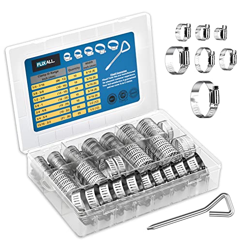 Flixall Hose Clamps Stainless Steel- 60Pcs Metal Clamps Assortment- Screw Driver- Durable Hose Clamp Kit With Adjustable Sizes- Automotive, Plumbing Use #TOP2