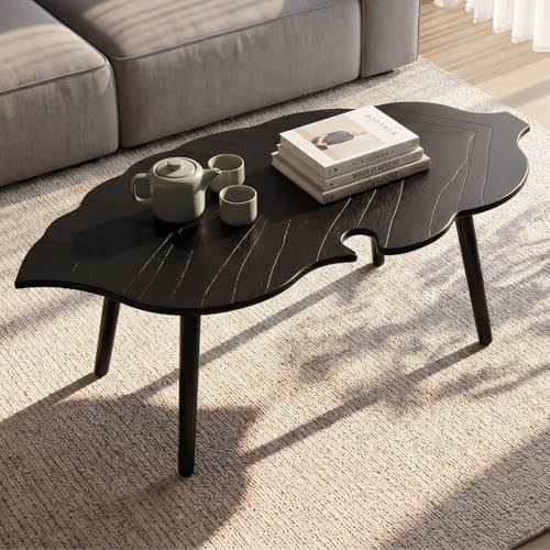 Image of HNY Modern Small Coffee Table for Living Room, Black Solid Wood Coffee Table Farmhouse Center Table, Leaf Floor Table End Table Side Table with Wood Leg Easy Assembly for Bedroom Home Office Cafe