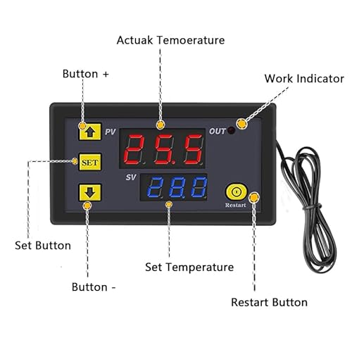 GERUI 2 Stück W3230 20A DC 12V Digital Temperaturregler，Digitaler Thermostat Temperaturschalter-50-120℃ mit NTC 10K-Sensorsonde.