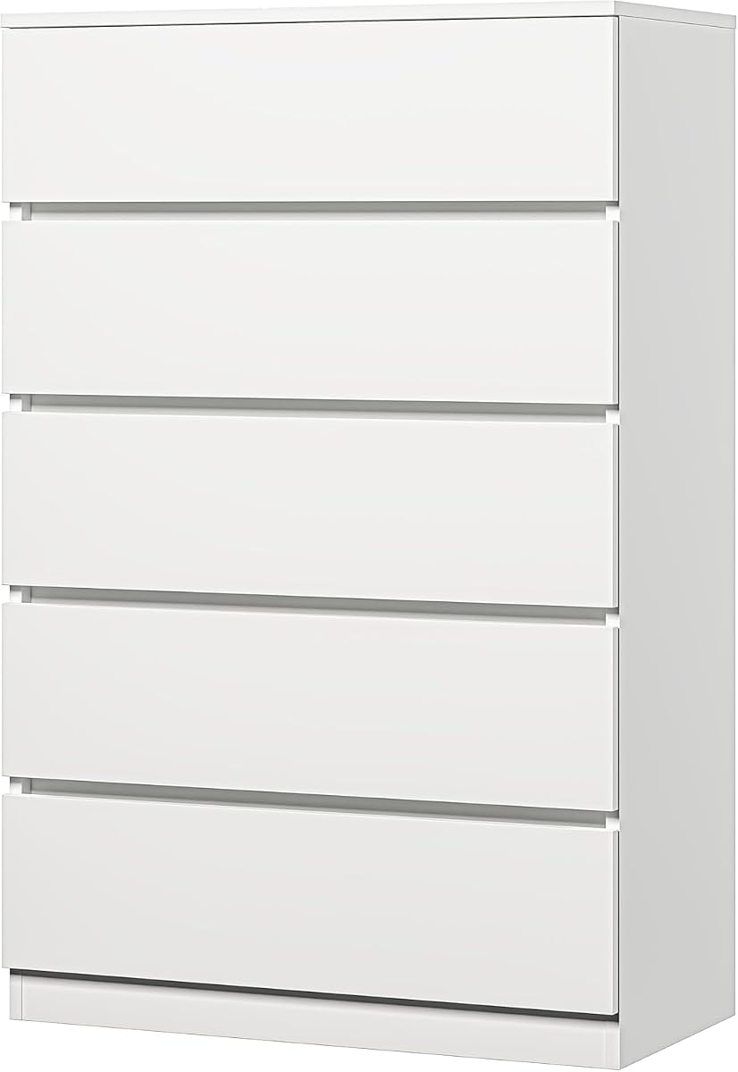 furtble 5 Drawer Dresser, White Tall Dressers for Bedroom Wooden Closet Drawer, Modern 43.6" Tall Dressers Chests of Drawers Clothing Organizer Cabinet for Hallway, 27.6" W