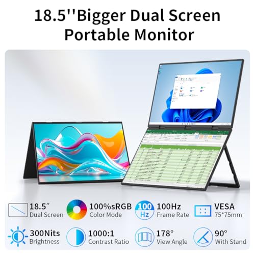 Image of Dual Monitor 18.5 inch 100Hz,Portable Monitor for Laptop Extender| 1080P |100% Srgb|Plug & Play|Stand & VESA|Automatic Rotation| Extended Computer Display for Laptop PC Windows Mac