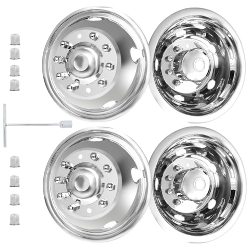 hightall 19.5 Wheel Simulators 19.5 10 Lug Stainless Steel Hubcaps Polished Surface 2Pcs Front Wheel/2Pcs Rear Wheel Bolts On Wheel Cover Set Compatible with Ford 2005-2025 F450/F550