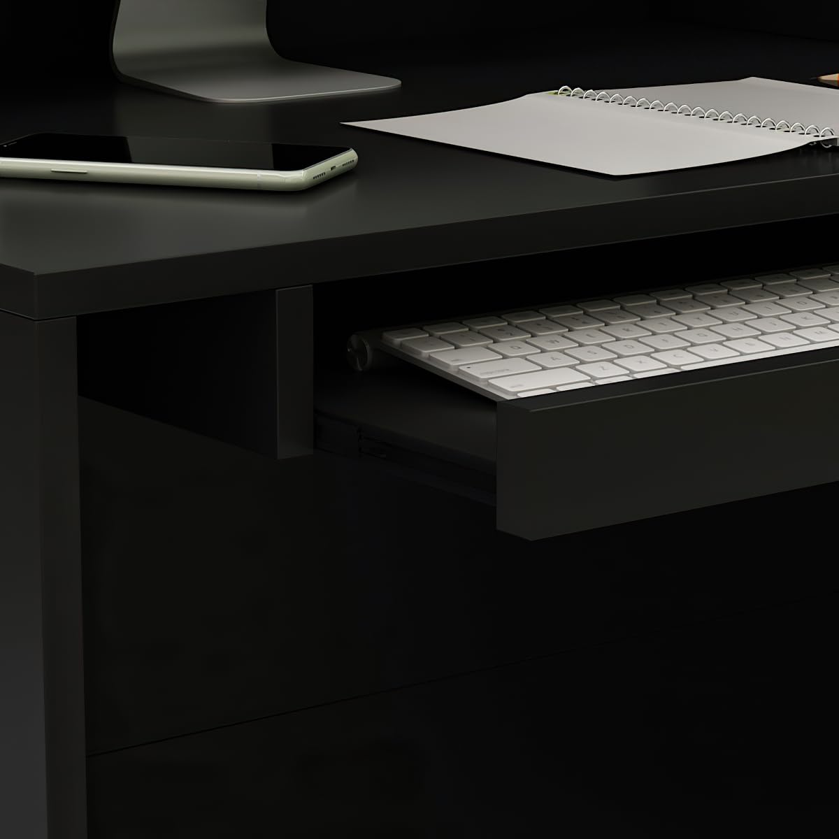 Banco reception, banco reception, tavolo da reception con vassoio per computer e ripiano rimovibile, banco reception con 1 cassetto e 1 armadio, banco reception, MDF, 140 x 80 x 120 cm